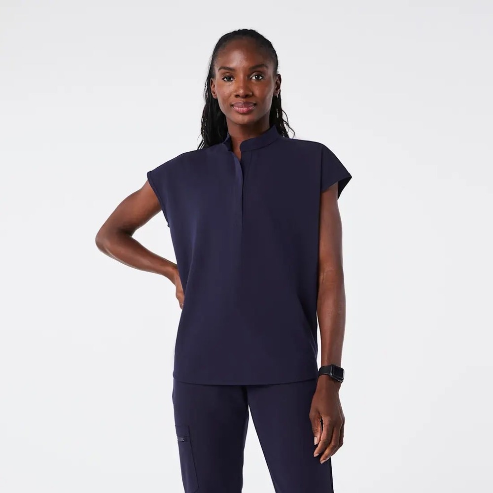 NEW FIGS Rafaela Oversized Scrub Top Navy Blue Mandarin Collar Women Large